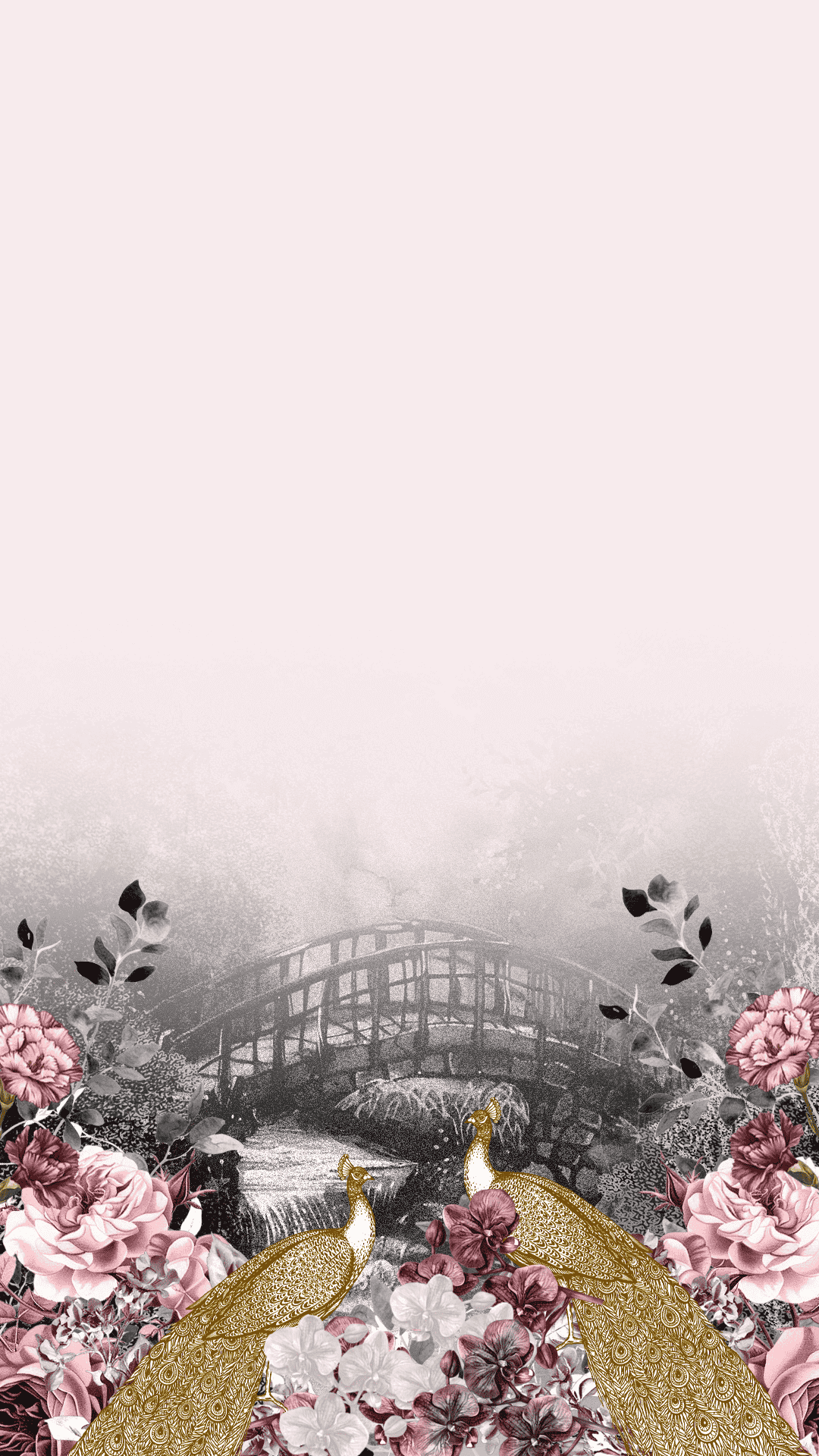 Two golden peacocks amid pink peonies with an arched bridge in a misty landscape background